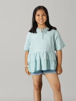 KiddoPanti - Girls Sleeveless Layered Top & Denim Shorts