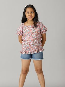 KiddoPanti - Girls Puff Sleeve Top & Denim Shorts