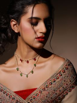 Ruby Raang Studio - Red Green Beaded Necklace with Pearls