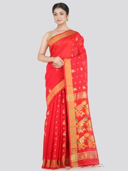 PinkLoom - Women's Cotton Blend Saree with Unstitched Blouse Piece, Orange