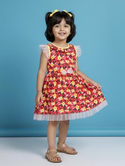 KiddoPanti - Girls Red Cotton Round Neck Dress