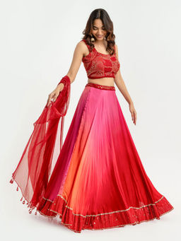 EESHA GUPTA - Women Red Embellished Lehenga with Choli and Dupatta (Set of 3)