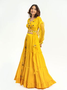 EESHA GUPTA - Women Yellow Embroidered Belted Lehenga with Choli and Dupatta (Set of 4)