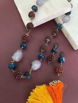 Digital Dress Room - Moonstone Lapis Lazuli Gemstone Rudraksha Mala and Earrings (Set of 2)