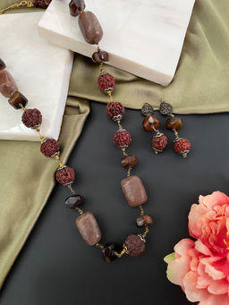 Digital Dress Room - Tiger Eye Gemstone Rudraksha Mala and Earrings (Set of 2)