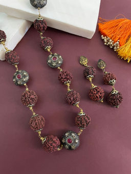 Digital Dress Room - Floral Red Pendant Rudraksha Mala and Earrings (Set of 2)