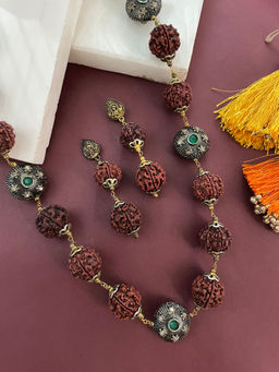 Digital Dress Room - Floral Green Pendant Rudraksha Mala and Earrings (Set of 2)