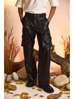 The Clothing Factory - Straight Fit Faux Leather Black Cargo Pant for Men
