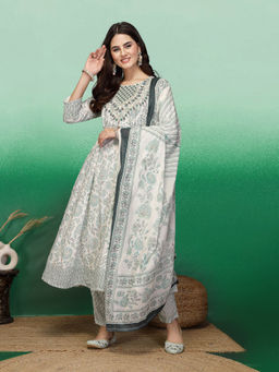 ANAISA - Women Green Printed Anarkali Kurta with Trouser & Dupatta (Set of 3)