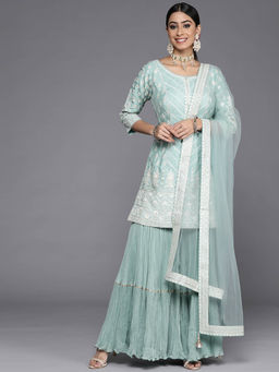 Libas Art - Sea Green Pure Silk Embroidered Padded Kurti & Sharara with Dupatta (Set of 3)