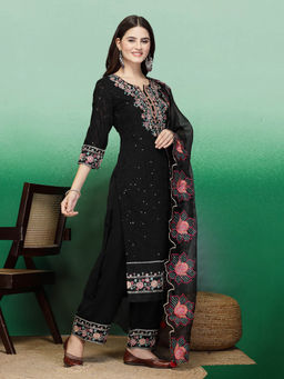 Rama's - Women Black Color Embroidery Straight Kurta Pant with Dupatta (Set of 3)