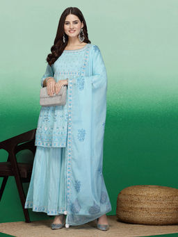 Rama's - Women Turquoise Blue Color Embroidery A-Line Kurta Sharara with Dupatta (Set of 3)