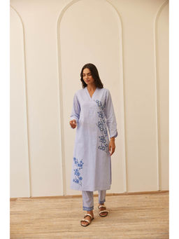 MAAND - Blue Floral Printed V-Neck Pure Cotton Straight Kurta with Pant