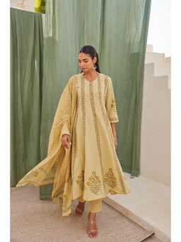 MAAND - Sequinned Pure Cotton Cream Anarkali Kurta with Pant & Dupatta