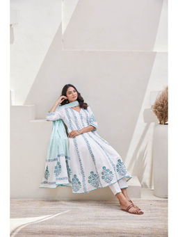 MAAND - Ethnic White Pure Cotton Anarkali Kurta with Pant & Dupatta