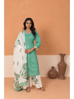 MAAND - Women Green Pure Cotton A-Line Kurta with Sharara & Dupatta