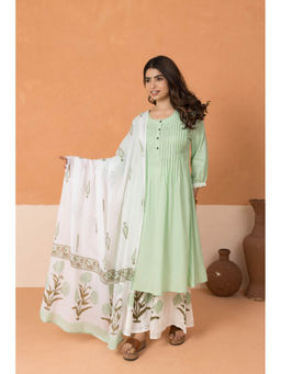 MAAND - Women Green Pure Cotton A-Line Kurta with Sharara & Dupatta