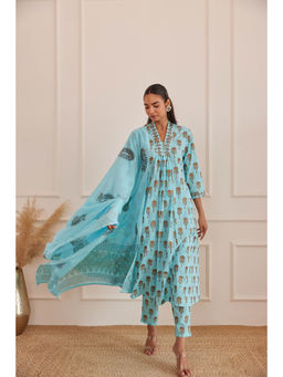 MAAND - Blue Printed Pure Cotton Regular Kurta with Pant & Dupatta