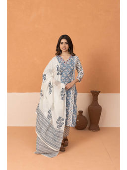 MAAND - Women Blue Printed Regular Pure Cotton Kurta & Pant with Dupatta