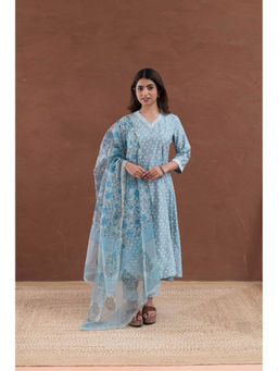 MAAND - Geometric Printed Pure Silk Blue Anarkali Kurta with Pant & Dupatta