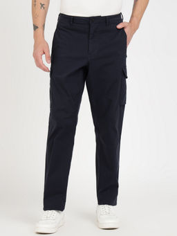 Guess - Navy Blue Cotton Blend Solid Relaxed Fit Cargo Pant