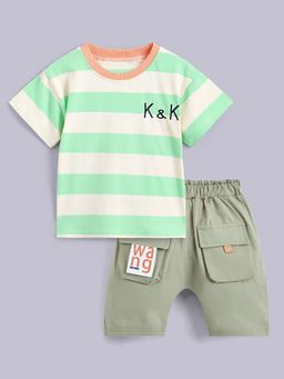 Hopscotch - Boys Green Stripe Print T-Shirt and Shorts Set
