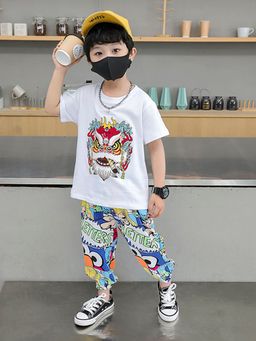 Hopscotch - Boys White Graphic Print Joggers Set