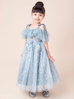 Hopscotch - Girls Sea Blue Floral Applique Gown