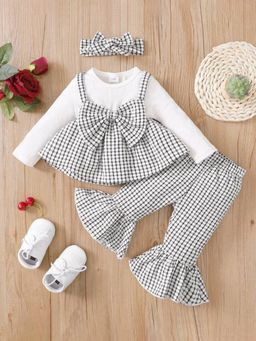 Hopscotch - Girls White Checkered Top and Pant Set with Headband