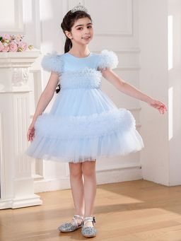 Hopscotch - Girls Blue Ruffle Embellished Short Sleeves Flared Party Dress