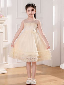 Hopscotch - Girls Beige Floral and Fringes Applique Sleeveless Flared Party Dress
