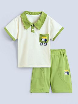 Hopscotch - Boys White and Olive Graphic Print T-Shirt and Short Set