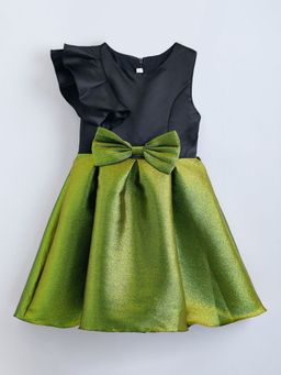 Hopscotch - Girls Navy And Green Bow Applique Ruffled Sleeve Party Dress