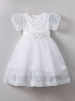 Hopscotch - Girls White Floral Applique Puff Sleeve Party Dress