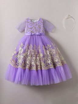 Hopscotch - Floral Embroidered Gown With Crown Headband
