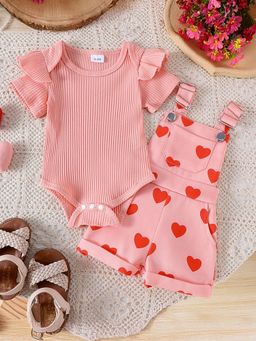 Hopscotch - 2-Piece Heart Print Dungaree And Onesie