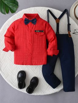 Hopscotch - 2-Piece Textured Shirt And Pant With Suspender And Bow