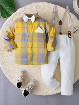 Hopscotch - 2-Piece Plaid Print Shirt And Pant With Bow And Suspender