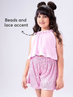 Hopscotch - 2-Piece Lace Embellished Top And Shorts