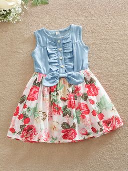 Hopscotch - Girls Blue Sleeveless Floral Print Casual Dress