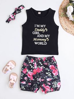 Hopscotch - Girls Black Text Print T-Shirt and Shorts Set with Headband