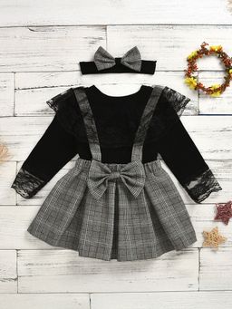 Hopscotch - Girls Black Plaid Print Slim Fit Top and Skirt Set