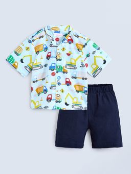 Hopscotch - Boys Green Vehicle Print Shirt and Shorts Set