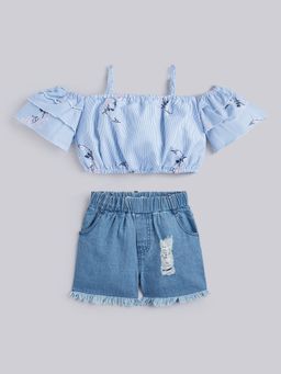 Hopscotch - Girls Blue Stripe Print Blouse and Shorts Set