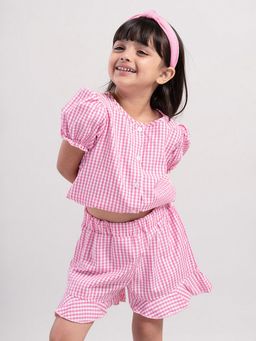 Hopscotch - Girls Pink Gingham Print Top and Shorts Set