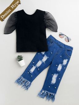Hopscotch - Girls Black and Blue Distressed Top and Jeans Set