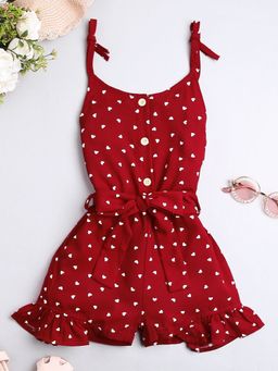 Hopscotch - Girls Maroon Polka Dot Print Sleeveless Pant Jumpsuit with Belt