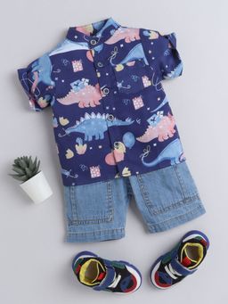 Hopscotch - Boys Navy Animal Print Shirt and Shorts Set