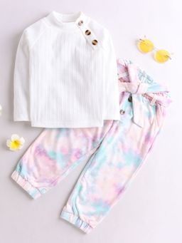 Hopscotch - Girls White Graphic Print Top and Joggers with Belt