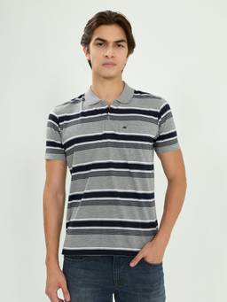 Monte Carlo - Mens Regular Fit Striped Half Sleeve Collar Neck Summer Grey T-shirt